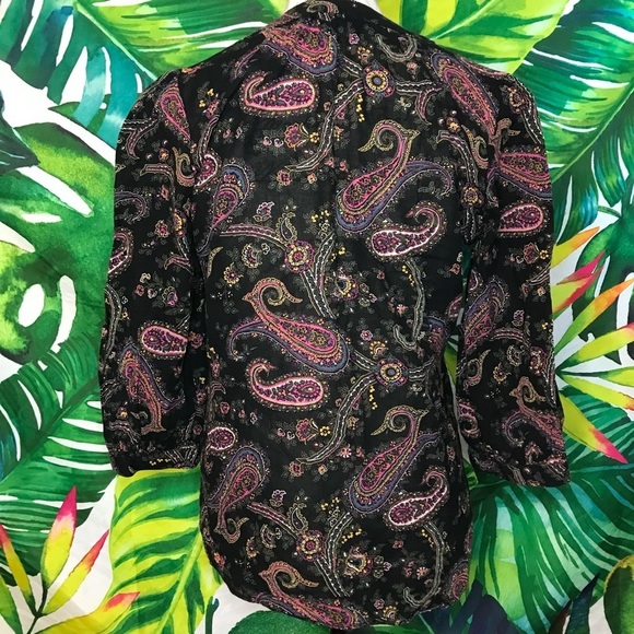 Y2K Lucky Brand Women's Small Black Pink Sheer Paisley Work Casual Office Blouse - Picture 5 of 10